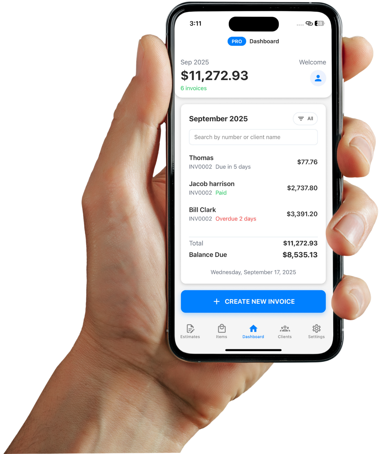 InvoiceASAP on a mobile device showing an invoice for a contractor